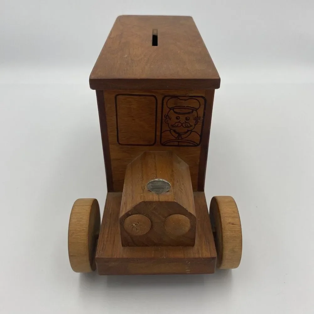 Vintage 1971 Toystalgia Wooden Rolling Armored Truck Savings Coin‎ Bank